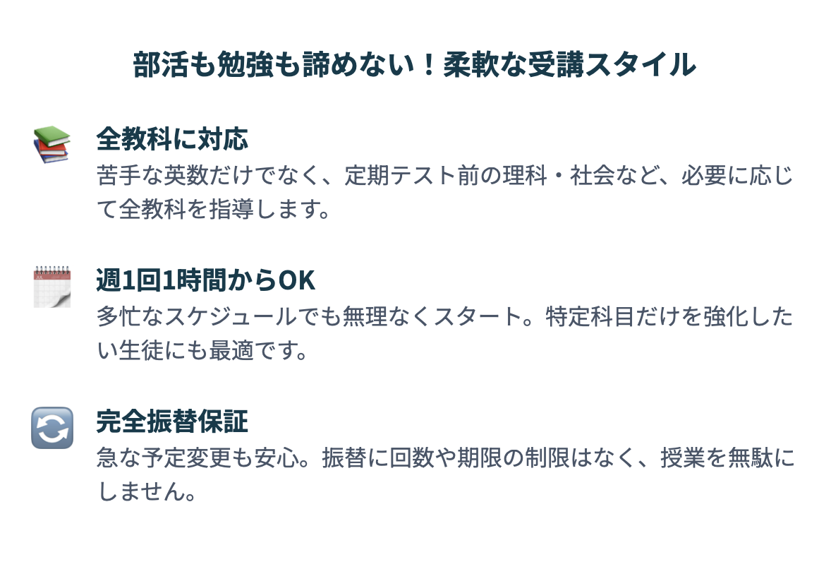 部活も勉強も諦めない！柔軟な受講スタイル  📚 全教科に対応 苦手な英数だけでなく、定期テスト前の理科・社会など、必要に応じて全教科を指導します。 🗓️ 週1回1時間からOK 多忙なスケジュールでも無理なくスタート。特定科目だけを強化したい生徒にも最適です。 🔄 完全振替保証 急な予定変更も安心。振替に回数や期限の制限はなく、授業を無駄にしません。